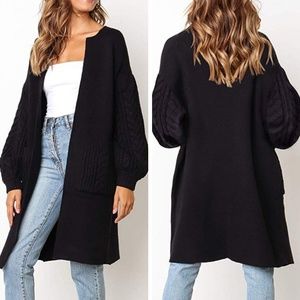 Oversized long cable knit cardigan sweater - black